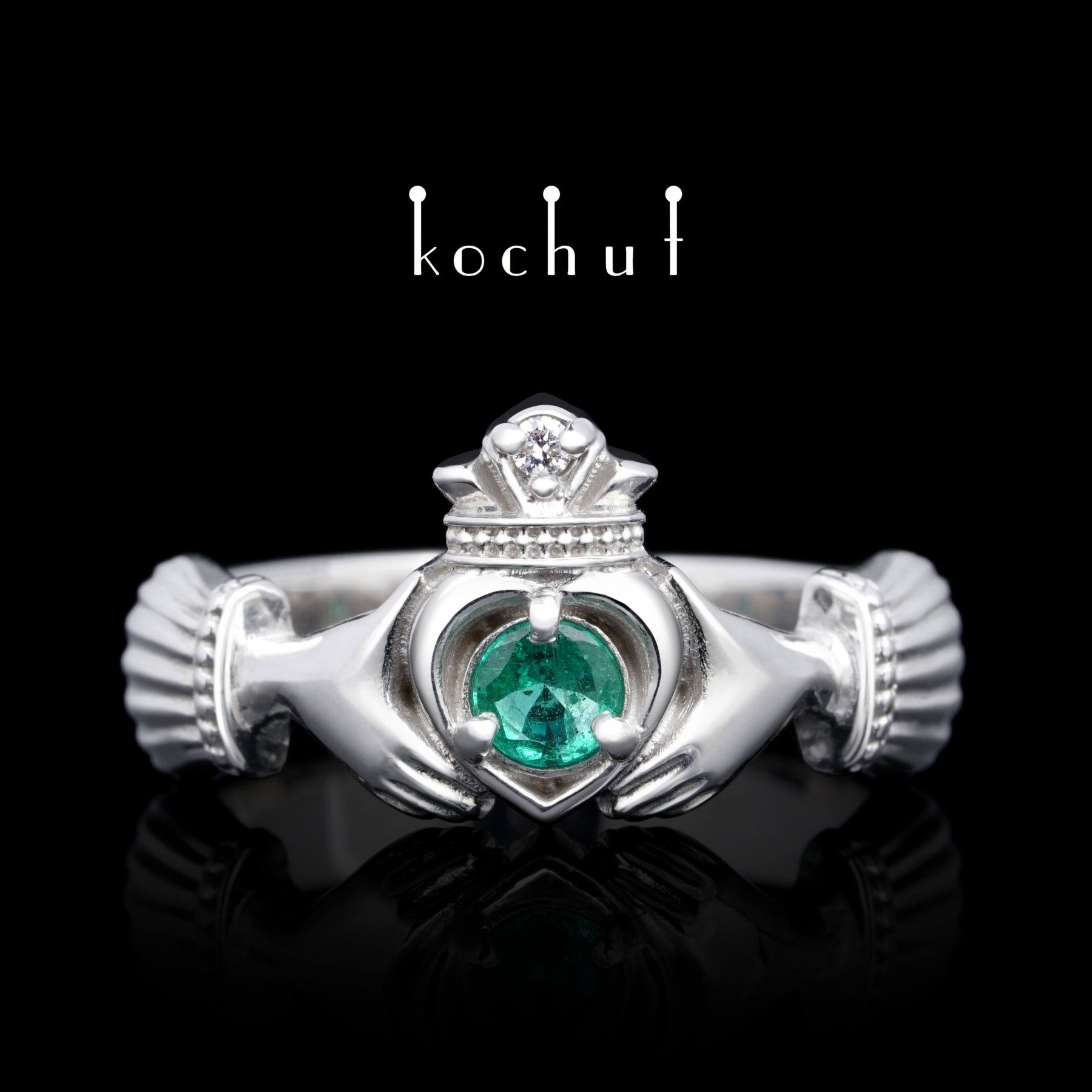 Claddagh ring Silver emerald diamond white rhodium Kochut